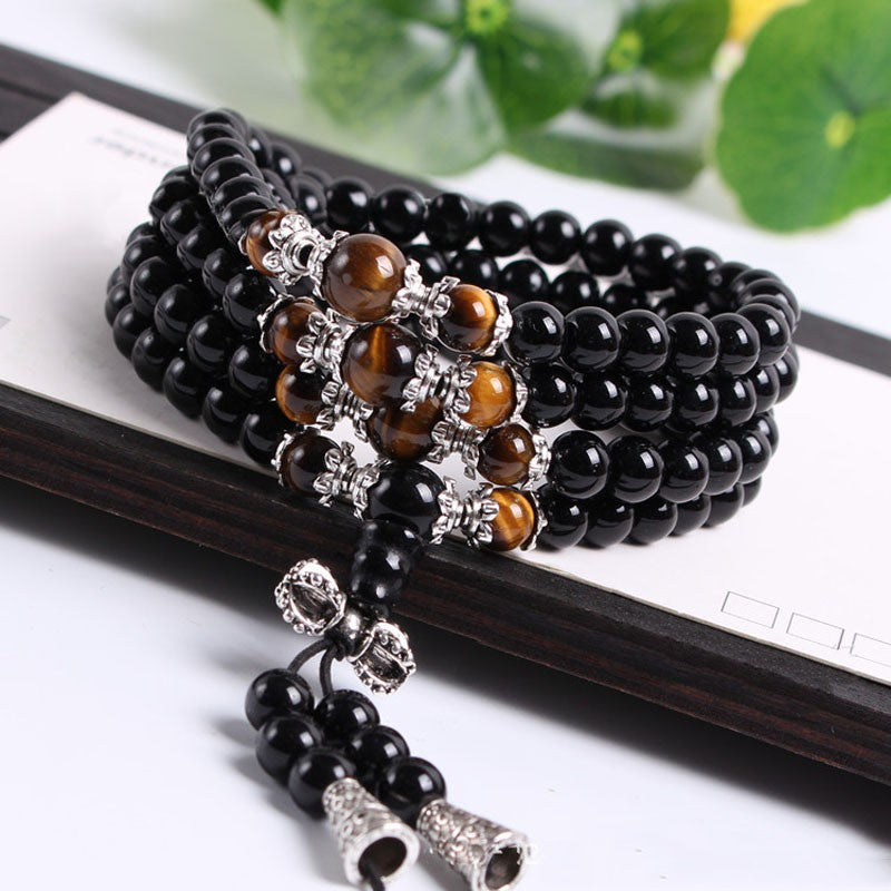 Good Fortune Onyx & Tiger Eye Tibetan Necklace or Bracelet Mala - 6mm