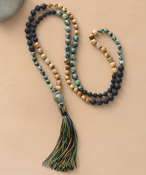 Natural Stone & Lava Beads Long Tassel Necklace  Knotted