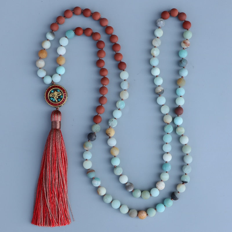 Matte Red Agate & Amazonite Stone with Nepal charm - Knotted Mala