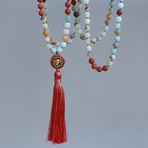 Matte Red Agate & Amazonite Stone with Nepal charm - Knotted Mala
